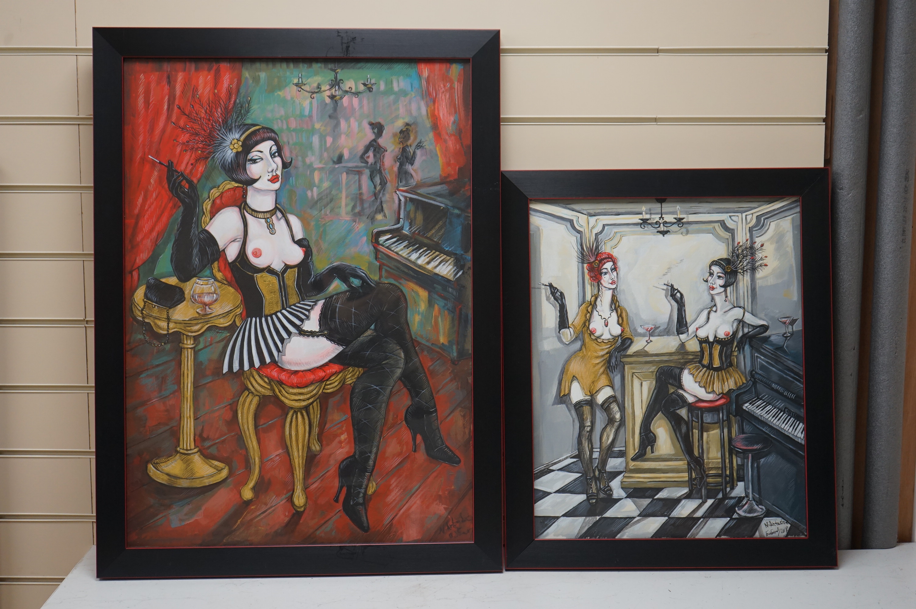 Natia Antadze (b.1976), two oils on canvas, Art Deco burlesque women, each signed, one dated 2018, largest 69 x 49cm. Condition - good